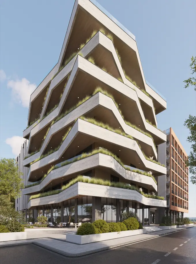 Arkitekturë moderne me tarraca të gjelbra