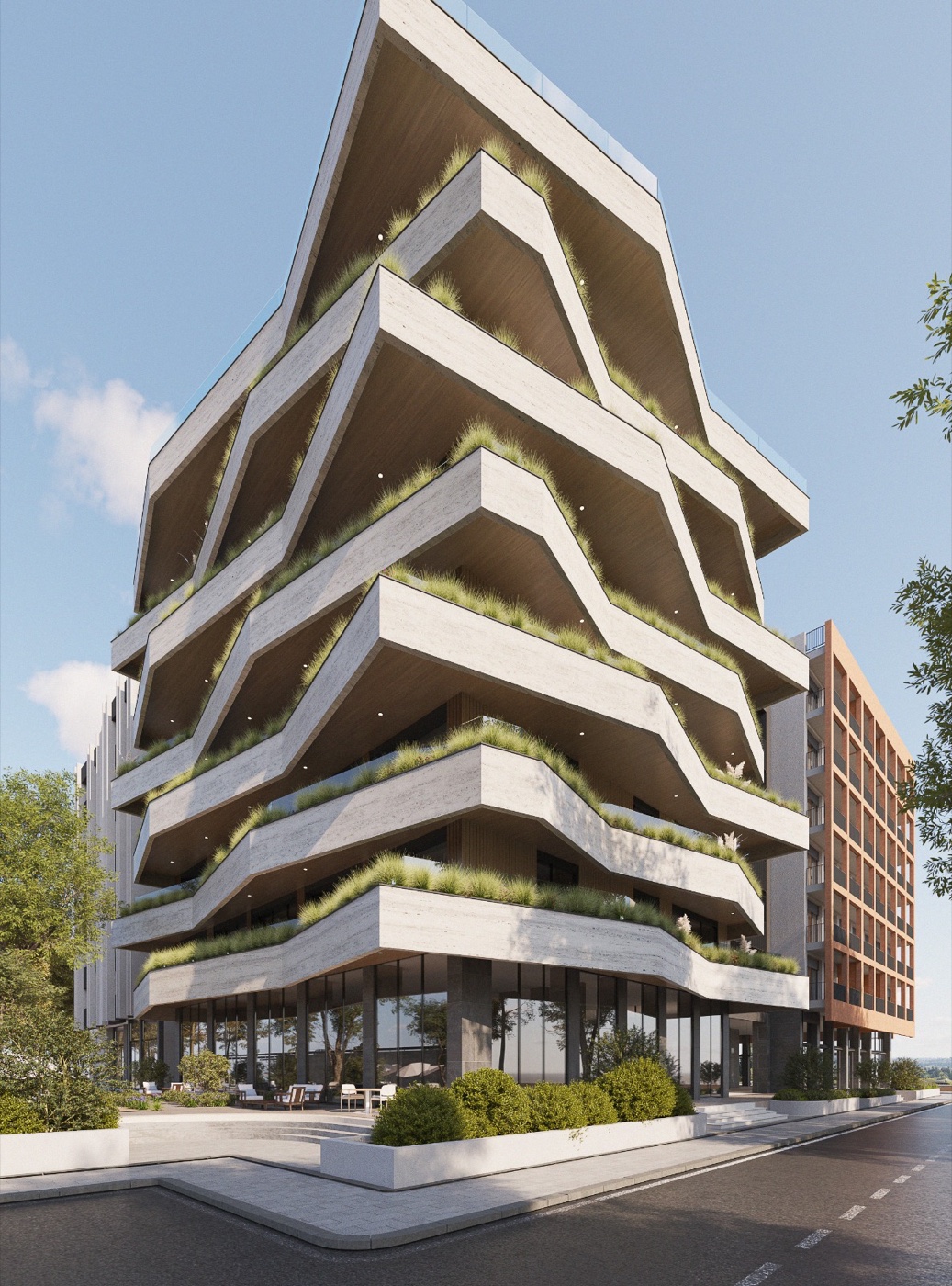 Arkitekturë moderne me tarraca të gjelbra