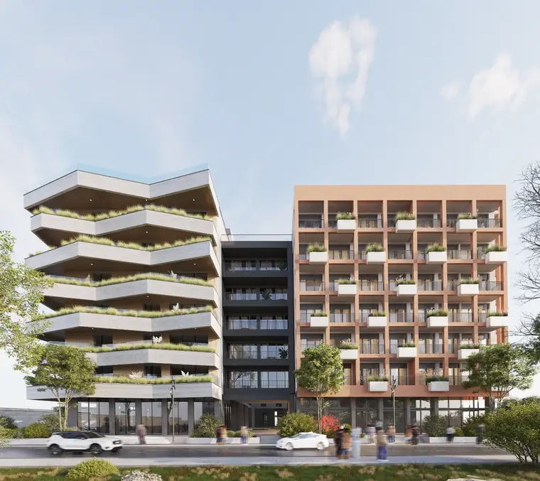 Pamje ballore e AlbSun Residence me fasadë moderne dhe gjelbërim
